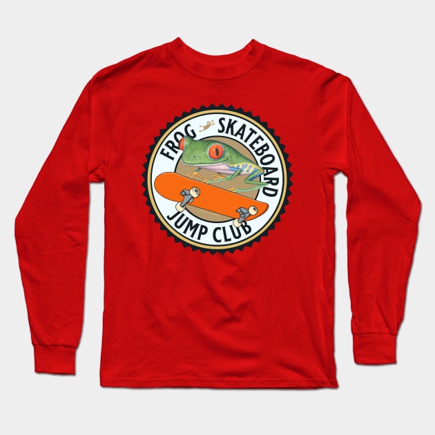 Cute Funny Red Eyed Tree Frog Riding Skateboard Long Sleeve T-Shirt by Danny Gordon Art